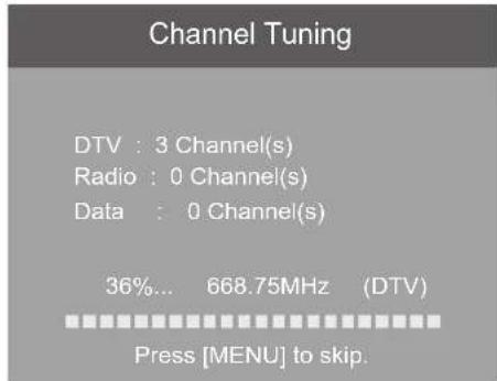 Channel Tuning DTV : 3 Channel(s) Radio : 0 Channel(s) Data : 0 Channel(s) 36%... 668.75MHz (DTV) Press [MENU] to skip.