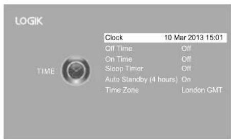 LOGIK TIME Clock 10 Mar 2013 15:01 Off Time Off On Time Off Sleep Timer Off Auto Standby (4 hours) On Time Zone London GMT