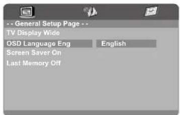 --General Setup Page -- TV Display Wide OSD Language Eng English Screen Saver On Last Memory Off