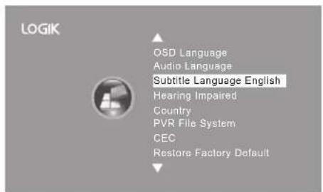 LOGIK QSD Language Audio Language Subtitle Language English Hearing Impaired Country PVR File System CEC Restore Factory Default
