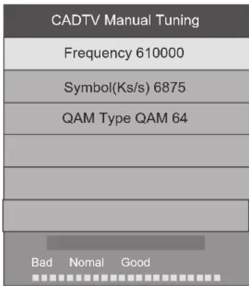 CADTV Manual Tuning Frequency 610000 Symbol(Ks/s) 6875 QAM Type QAM 64 Bad Nomal Good