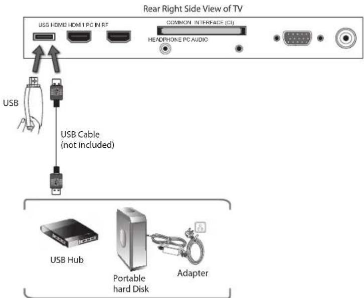 Rear Right Side View of TV USB HDMI2 HDMI1 PC IN RF COMMON INTERFACE (CI) HEADPHONE PC AUDIO USB USB Cable (not included) USB Hub Portable hard Disk Adapter