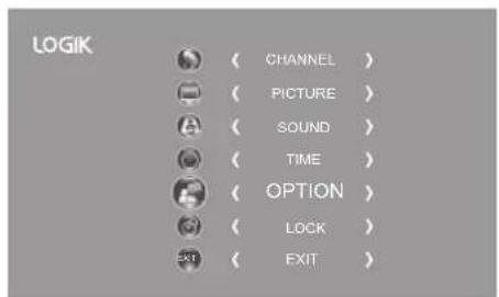 LOGIK ( CHANNEL ) ( PICTURE ) ( SOUND ) ( TIME ) ( OPTION ) ( LOCK ) ( EXIT )