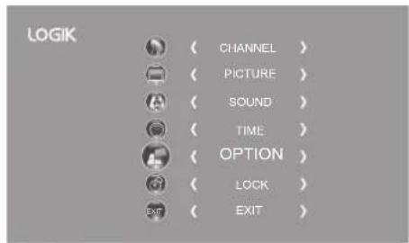 LOGIK ( CHANNEL ) ( PICTURE ) ( SOUND ) ( TIME ) ( OPTION ) ( LOCK ) ( EXIT )