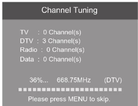 Channel Tuning TV : 0 Channel(s) DTV : 3 Channel(s) Radio : 0 Channel(s) Data : 0 Channel(s) 36%... 668.75MHz (DTV) Please press MENU to skip.