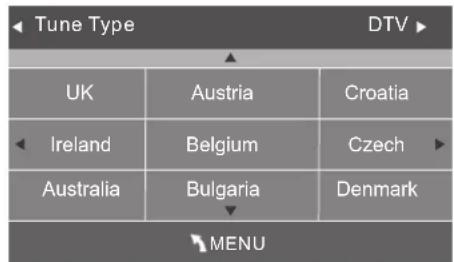 Tune Type DTV UK Austria Croatia Ireland Belgium Czech Australia Bulgaria Denmark MENU