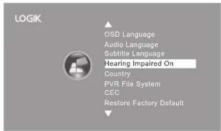 LOGIK OSD Language Audio Language Subtitle Language Hearing Impaired On Country PVR File System CEC Restore Factory Default