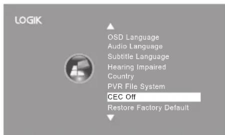 LOGIK OSD Language Audio Language Subtitle Language Hearing Impaired Country PVR File System CEC Off Restore Factory Default