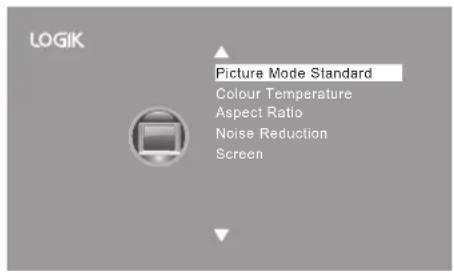 LOGIK Picture Mode Standard Colour Temperature Aspect Ratio Noise Reduction Screen