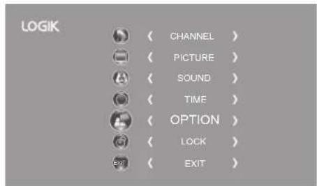 LOGIK ( CHANNEL ) ( PICTURE ) ( SOUND ) ( TIME ) ( OPTION ) ( LOCK ) ( EXIT )