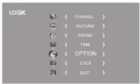 LOGIK ( CHANNEL ) ( PICTURE ) ( SOUND ) ( TIME ) ( OPTION ) ( LOCK ) ( EXIT )