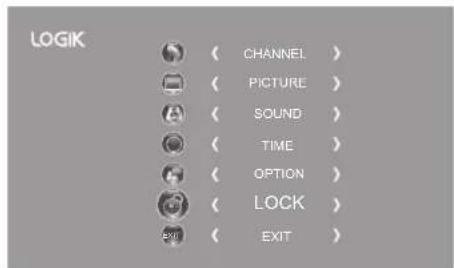 LOGIK ( CHANNEL ) ( PICTURE ) ( SOUND ) ( TIME ) ( OPTION ) ( LOCK ) ( EXIT )