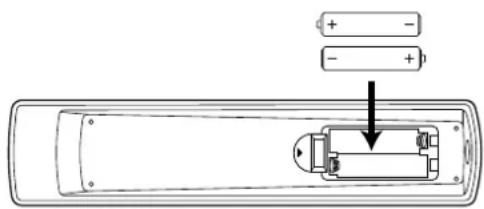 Diagram of a remote control panel with battery and indicator lights, showing internal components and polarity labels