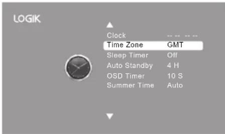LOGIK Clock Time Zone GMT Sleep Timer Off Auto Standby 4 H OSD Timer 10 S Summer Time Auto