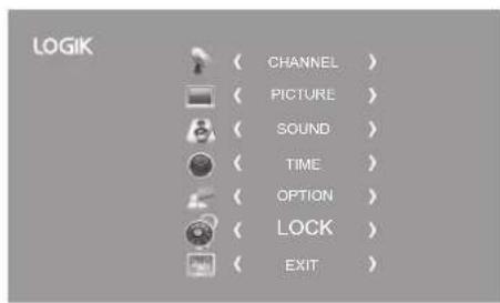 LOGIK ( CHANNEL ) ( PICTURE ) ( SOUND ) ( TIME ) ( OPTION ) ( LOCK ) ( EXIT )