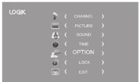 LOGIK ( CHANNEL ) ( PICTURE ) ( SOUND ) ( TIME ) ( OPTION ) ( LOCK ) ( EXIT )