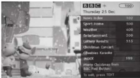 BBC Thursday 25 Dec 100 News Index 102 Sport Home 500 Weather 400 Entertainment 500 Lottery Results 555 Christmas Concert GBeebies Karaoke INDEX 199 Merry Christmas from BBC Peel Button! To exit press TEXT