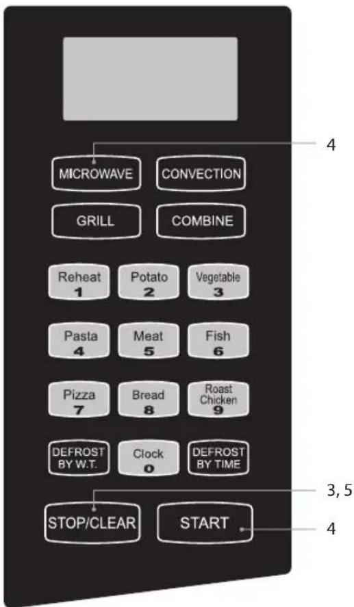 MICROWAVE CONVECTION GRILL COMBINE Reheat 1 Potato 2 Vegetable 3 Pasta 4 Meat 5 Fish 6 Pizza 7 Bread 8 Roast Chicken 9 DEFROST BY W.T. Clock 0 DEFROST BY TIME STOP/CLEAR START 4 3,5 4