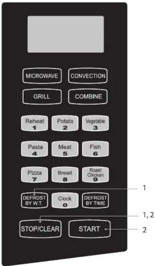 MICROWAVE CONVECTION GRILL COMBINE Reheat 1 Potato 2 Vegetable 3 Pasta 4 Meat 5 Fish 6 Pizza 7 Bread 8 Roast Chicken 9 DEFROST BY W.T. Clock 0 DEFROST BY TIME STOP/CLEAR START 1,2 2