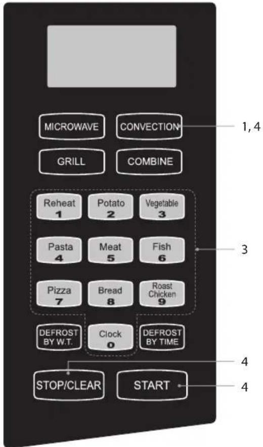 MICROWAVE CONVECTION GRILL COMBINE Reheat 1 Potato 2 Vegetable 3 Pasta 4 Meat 5 Fish 6 Pizza 7 Bread 8 Roast Chicken 9 DEFROST BY W.T. Clock 0 DEFROST BY TIME STOP/CLEAR START 1, 4 3 4 4