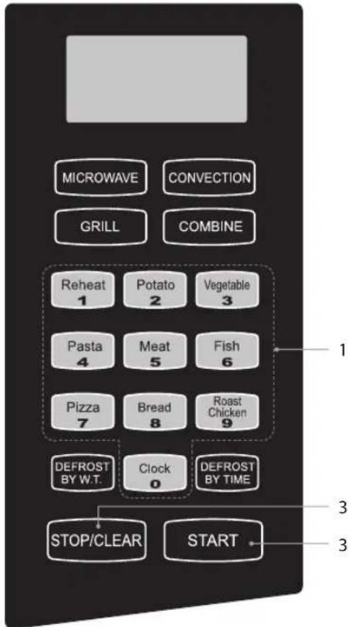 MICROWAVE CONVECTION GRILL COMBINE Reheat 1 Potato 2 Vegetable 3 Pasta 4 Meat 5 Fish 6 Pizza 7 Bread 8 Roast Chicken 9 DEFROST BY W.T. Clock 0 DEFROST BY TIME STOP/CLEAR START