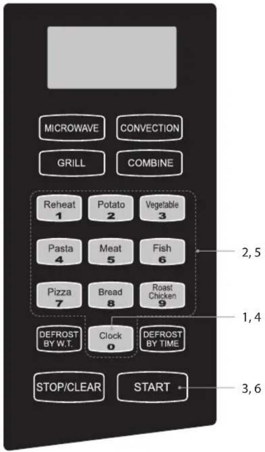 MICROWAVE CONVECTION GRILL COMBINE Reheat 1 Potato 2 Vegetable 3 Pasta 4 Meat 5 Fish 6 Pizza 7 Bread 8 Roast Chicken 9 DEFROST BY W.T. Clock 0 DEFROST BY TIME STOP/CLEAR START 2,5 1,4 3,6