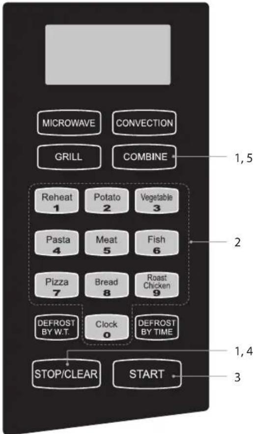 MICROWAVE CONVECTION GRILL COMBINE 1,5 Reheat 1 Potato 2 Vegetable 3 Pasta 4 Meat 5 Fish 6 Pizza 7 Bread 8 Roast Chicken 9 DEFROST BY W.T. Clock 0 DEFROST BY TIME STOP/CLEAR START 1,4 3