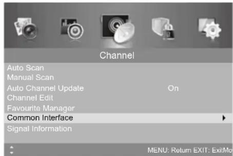 Channel Auto Scan Manual Scan Auto Channel Update Channel Edit Favourite Manager Common Interface Signal Information On MENU: Return EXIT: Exit