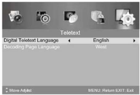 Teletext Digital Teletext Language ← English → Decoding Page Language West Move Adjust MENU: Return EXIT: Exit