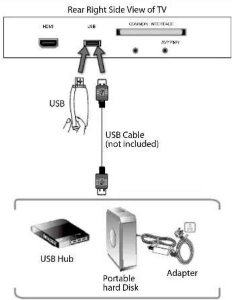 Rear Right Side View of TV HDMI USB COMMON INTERFACE ASYPBFr USB USB Cable (not Included) USB Hub Portable hard Disk Adapter