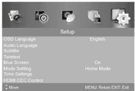 Setup OSD Language English Audio Language Subtitle Teletext Blue Screen On Mode Setting Hom Mode Time Settings HDMI CEC Control Move MENU: Return EXIT: Exit