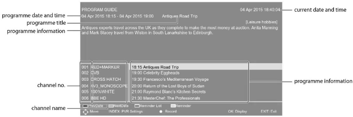 programme date and time programme title programme information PROGRAM GUIDE 04 Apr 2015 18:15 - 04 Apr 2015 19:00 Antiques Road Trip Antiques experts travel across the UK as they complete to make the most money at auction. Anita Manning and Mark Stacey travel from Wiston in South Lanarkshire to Edinburgh. 04 Apr 2015 18:40:04 current date and time [Leisure hobbies] channel no. 001 RED+MARKER 002 CVB 003 CROSS HATCH 004 4V3_MONOSCOPE 005 100%WHITE 006 BBE HD 18:15 Antiques Road Trip 19:00 Celebrity Eggheads 19:30 Francesco's Mediterranean Voyage 20:00 Return of the Lost Boys of Sudan 21:00 Raymond Blanc's Kitchen Secrets 21:30 MasterChef: The Professionals programme information channel name PrevDate NextDate Reminder List Reminder Move INDEX PVR Settings Record OK Display EXIT Exit