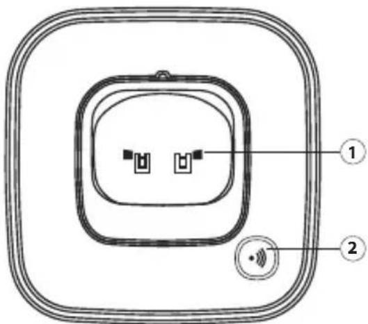 Diagram of a device with labeled components, showing two nested square chambers and a speaker icon.
