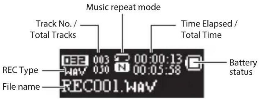 Music repeat mode Track No. / Total Tracks Time Elapsed / Total Time REC Type WAV 003 00:00:13 N 00:05:58 File name RECO01.WAV Battery status
