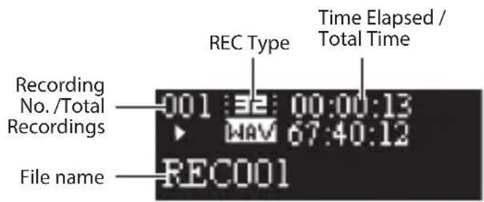 REC Type Time Elapsed / Total Time Recording No./Total Recordings 001 32 00:00:13 WAV 67:40:12 File name REC001