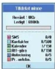 Tildesat minne Rsvänt: 80Gb Ledigt: 698Gb SMS 8/8 Kontakter 8/580 Kalender 1/150 Akt-göra 8/150 Anteckning 8/5 Pr. antikn. 8/5 OK