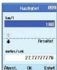 Hastighet (123) km/h 100 Resultat motor/sok 27.77777779 Aterst. OK Enhet