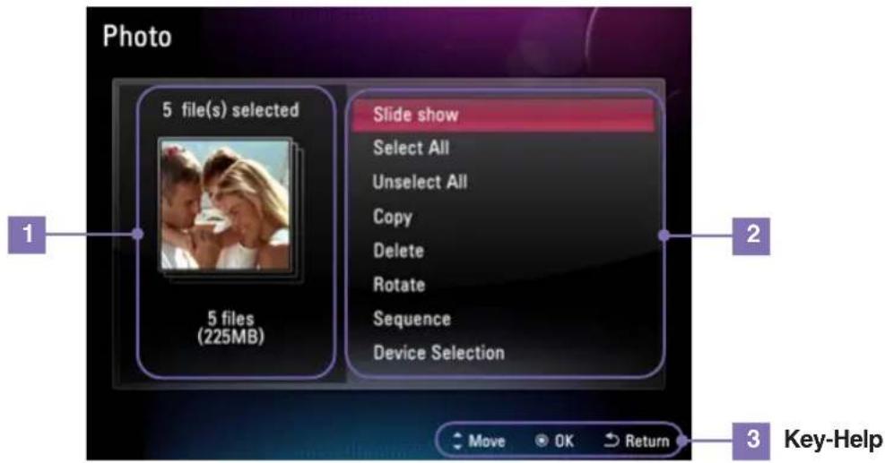 Photo 5 file(s) selected Slide show Select All Unselect All Copy Delete Rotate Sequence Device Selection 1 2 5 files (225MB) 3 Key-Help