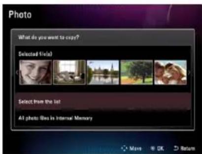 Photo What do you want to copy? Selected Files Select from the list All photos files in Internal Memory