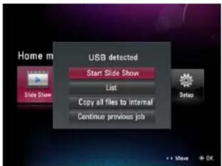 Home m USB detected Start Slide Show List Copy all files to Internal Continue previous job Home m Slide Show Setup + + Move OK
