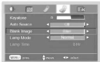 Keystone Auto Source Blank Image Lamp Mode Lamp Time Normal 0 Hr Move prex move select