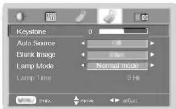 Keystone Auto Source Blank Image Lamp Mode Lamp Time Normal mode 0 Hz Normal prev. Move adjust