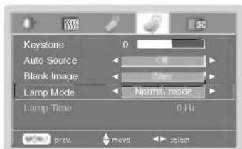 Keystone 0 Auto Source Blank Image Lamp Mode Norma, mode Lamp Time Off