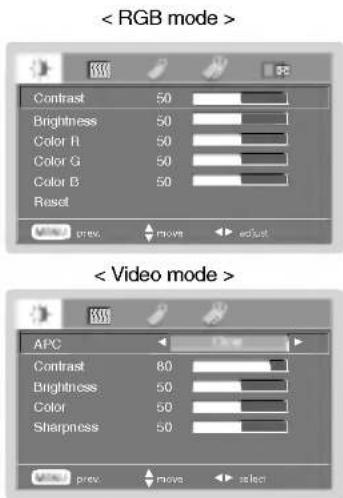 < RGB mode > Contrast 50 Brightness 50 Color R 50 Color G 50 Color B 50 Reset View prev. move adjust < Video mode > APC Contrast 80 Brightness 50 Color 50 Sharpness 50 View prev. move select