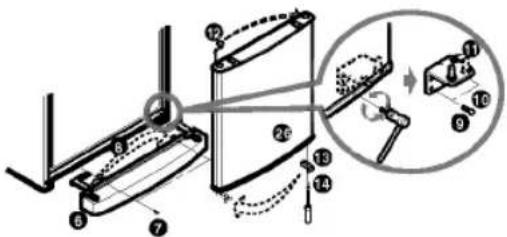 Technical diagram showing mechanical assembly with numbered components and a magnified inset view of a bracket assembly.