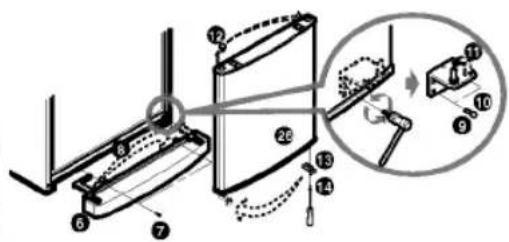Technical diagram showing mechanical assembly with numbered components and a magnified inset view of a component detail.