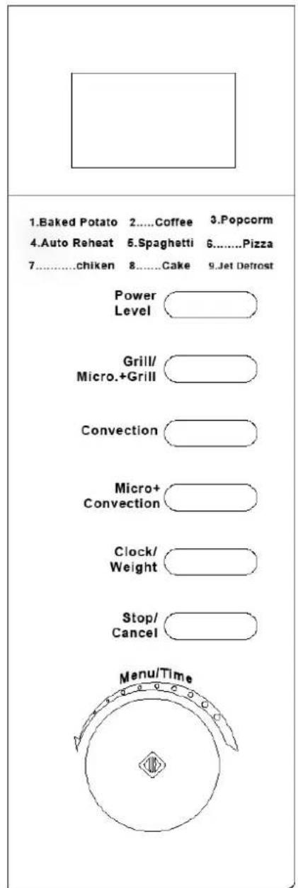 1.Baked Potato 2.....Coffee 3.Popcorn 4.Auto Reheat 5.Spaghetti 6.....Pizza 7.....chiken 8.....Cake 9.Jet Defrost Power Level Grill/ Micro.+Grill Convection Micro+ Convection Clock/ Weight Stop/ Cancel Menu/Time
