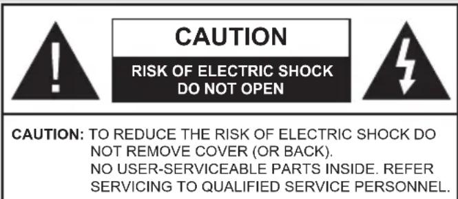 CAUTION RISK OF ELECTRIC SHOCK DO NOT OPEN CAUTION: TO REDUCE THE RISK OF ELECTRIC SHOCK DO NOT REMOVE COVER (OR BACK). NO USER-SERVICEABLE PARTS INSIDE. REFER SERVICING TO QUALIFIED SERVICE PERSONNEL.