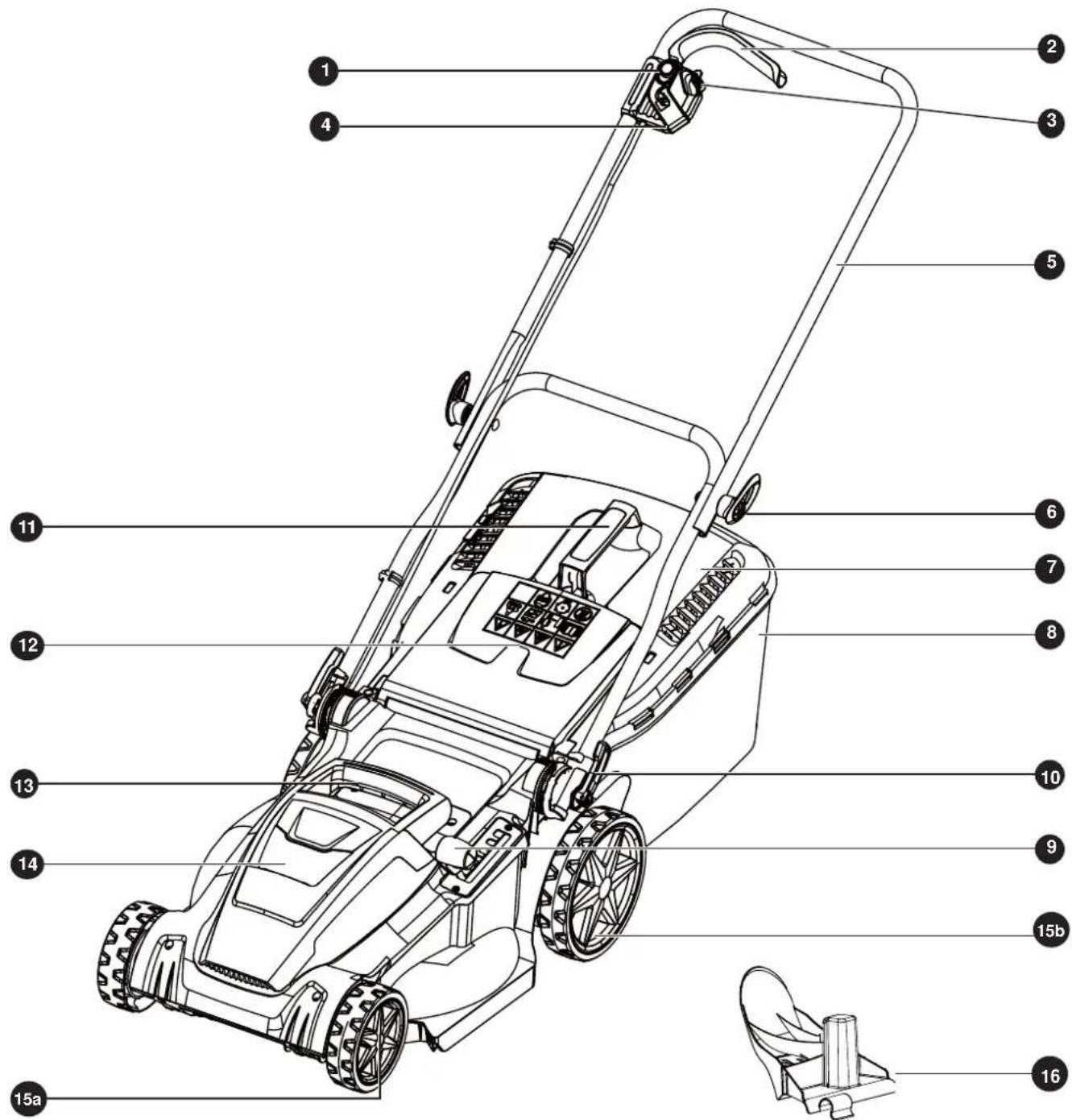 Technical diagram of a lawn mower with numbered parts labeled for identification.