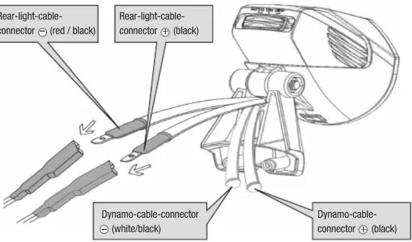Rear-light-cable- connector ⊖ (red / black) Rear-light-cable- connector ⊕ (black) Dynamo-cable-connector ⊕ (white/black) Dynamo-cable- connector ⊕ (black)